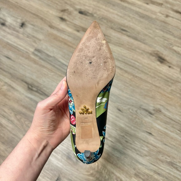 Prada St Ramage Black Floral Print Saffiano Leather Stiletto High Heels 7.5 37.5 - Picture 11 of 12